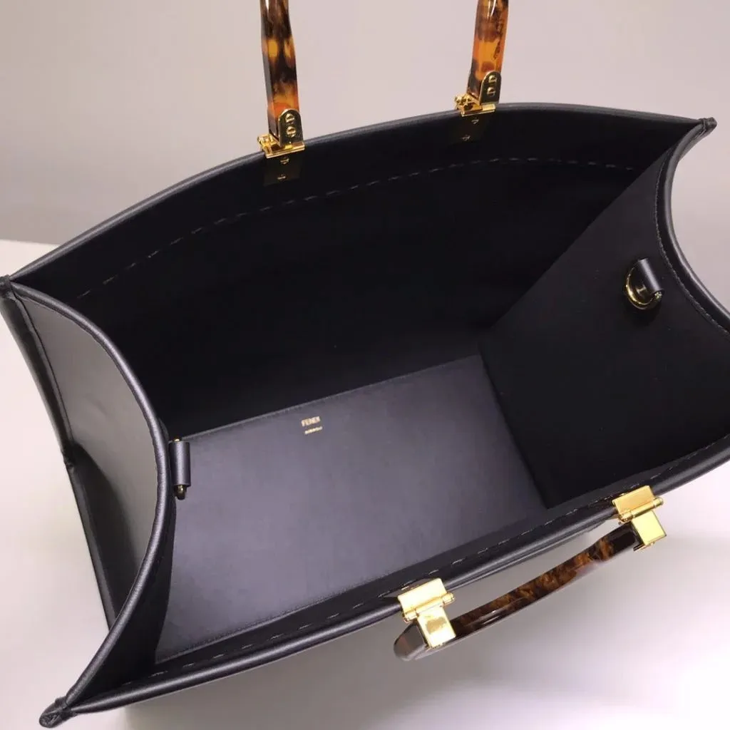 Fendi Sunshine Leather Shopper Tote Bag Black