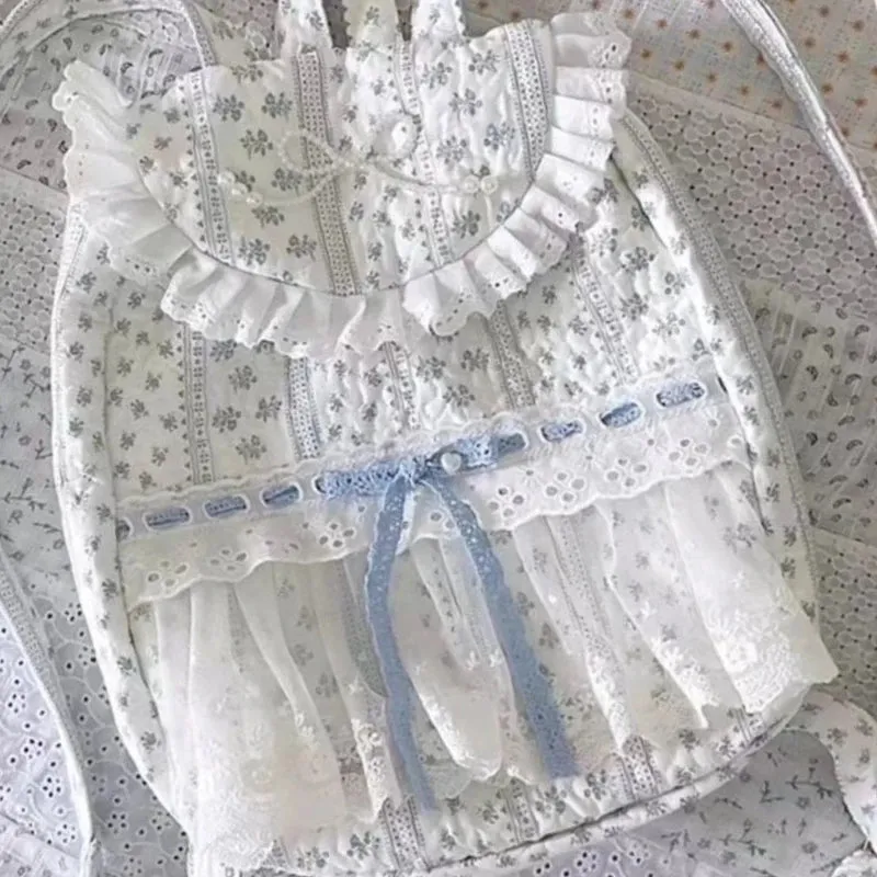 UAKISS  -  Sweet Y2k Aesthetic Fashion Chic Backpack Casual Patchwork Lace Flower Print Schoolbags New Girls Pleated Preppy Backpacks Women