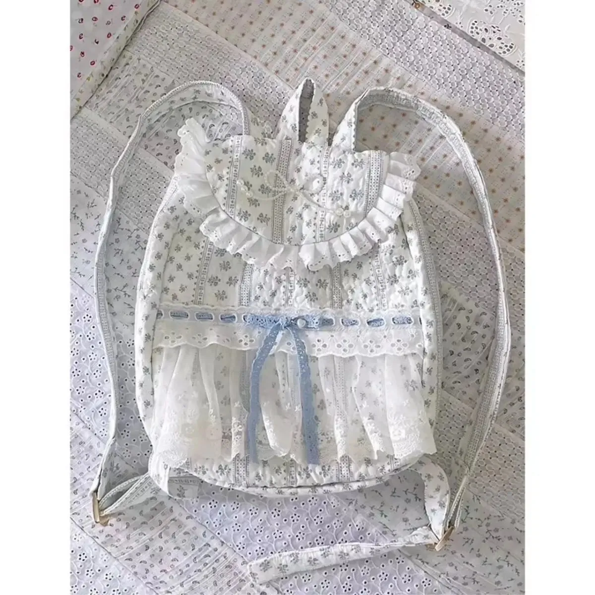 UAKISS  -  Sweet Y2k Aesthetic Fashion Chic Backpack Casual Patchwork Lace Flower Print Schoolbags New Girls Pleated Preppy Backpacks Women